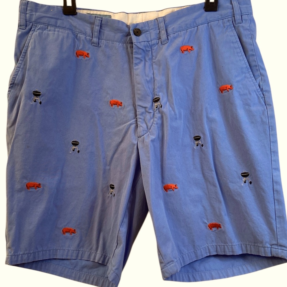 Castaway Nantucket Island Shorts Embroidered Pigs Bbq Grills Blue Pockets Men 36